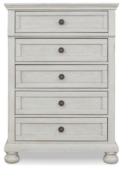 Robbinsdale Antique White Full Storage Sleigh Bedroom Set with Dresser, Mirror, Chest and Nightstand - Ornate Home