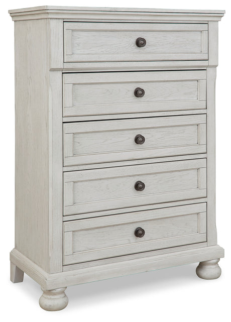 Robbinsdale Antique White Full Storage Sleigh Bedroom Set with Dresser, Mirror, Chest and Nightstand - Ornate Home