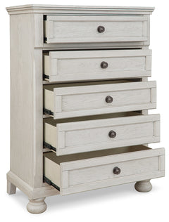 Robbinsdale Antique White Full Storage Sleigh Bedroom Set with Dresser, Mirror, Chest and Nightstand - Ornate Home