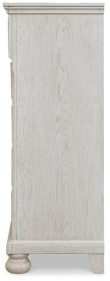 Robbinsdale Antique White Full Storage Sleigh Bedroom Set with Dresser, Mirror, Chest and Nightstand - Ornate Home