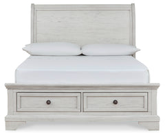 Robbinsdale Antique White Full Storage Sleigh Bedroom Set with Dresser, Mirror, Chest and Nightstand - Ornate Home