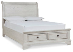 Robbinsdale Antique White Full Storage Sleigh Bedroom Set with Dresser, Mirror, Chest and Nightstand - Ornate Home