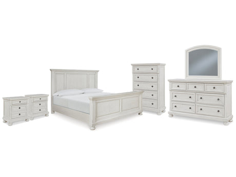 Robbinsdale Antique White King Panel Bed & Dresser & Mirror & Chest & 2 Nightstands - Ornate Home