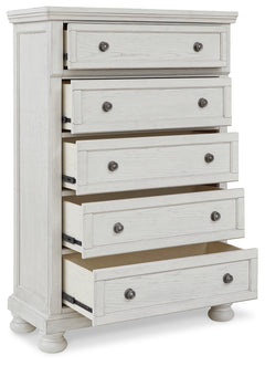 Robbinsdale Antique White King Panel Bed & Dresser & Mirror & Chest & 2 Nightstands - Ornate Home
