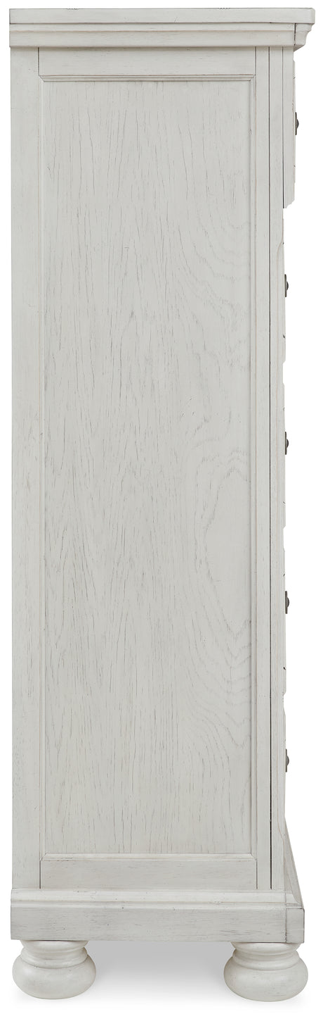 Robbinsdale Antique White King Panel Bed & Dresser & Mirror & Chest & 2 Nightstands - Ornate Home