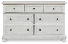 Robbinsdale Antique White King Panel Storage Bed, Dresser, Chest and 2 Nightstands - Ornate Home