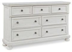Robbinsdale Antique White King Panel Storage Bed, Dresser, Chest and 2 Nightstands - Ornate Home