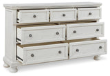 Robbinsdale Antique White King Panel Storage Bed, Dresser, Chest and 2 Nightstands - Ornate Home