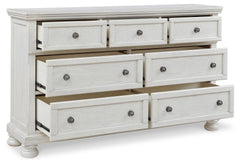 Robbinsdale Antique White King Panel Storage Bed, Dresser, Chest and 2 Nightstands - Ornate Home