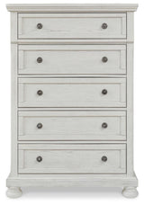 Robbinsdale Antique White King Panel Storage Bed, Dresser, Chest and 2 Nightstands - Ornate Home