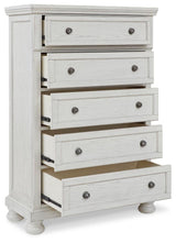 Robbinsdale Antique White King Panel Storage Bed, Dresser, Chest and 2 Nightstands - Ornate Home