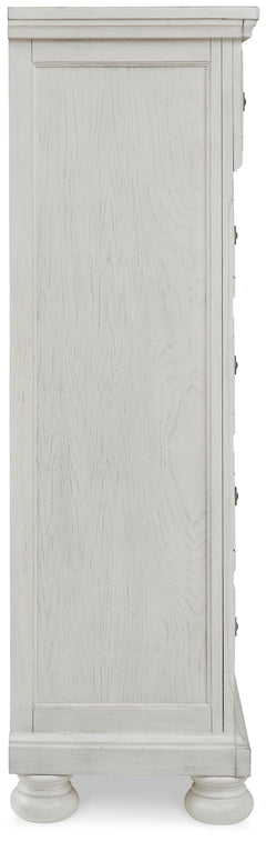 Robbinsdale Antique White King Panel Storage Bed, Dresser, Chest and 2 Nightstands - Ornate Home