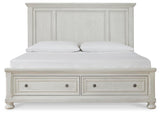 Robbinsdale Antique White King Panel Storage Bed, Dresser, Chest and 2 Nightstands - Ornate Home