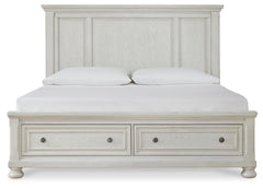 Robbinsdale Antique White King Panel Storage Bed, Dresser, Chest and 2 Nightstands - Ornate Home