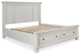 Robbinsdale Antique White King Panel Storage Bed, Dresser, Chest and 2 Nightstands - Ornate Home