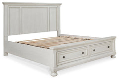 Robbinsdale Antique White King Panel Storage Bed, Dresser, Chest and 2 Nightstands - Ornate Home