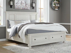 Robbinsdale Antique White King Panel Storage Bed, Dresser, Chest and 2 Nightstands - Ornate Home