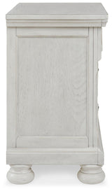 Robbinsdale Antique White King Panel Storage Bed, Dresser, Chest and 2 Nightstands - Ornate Home