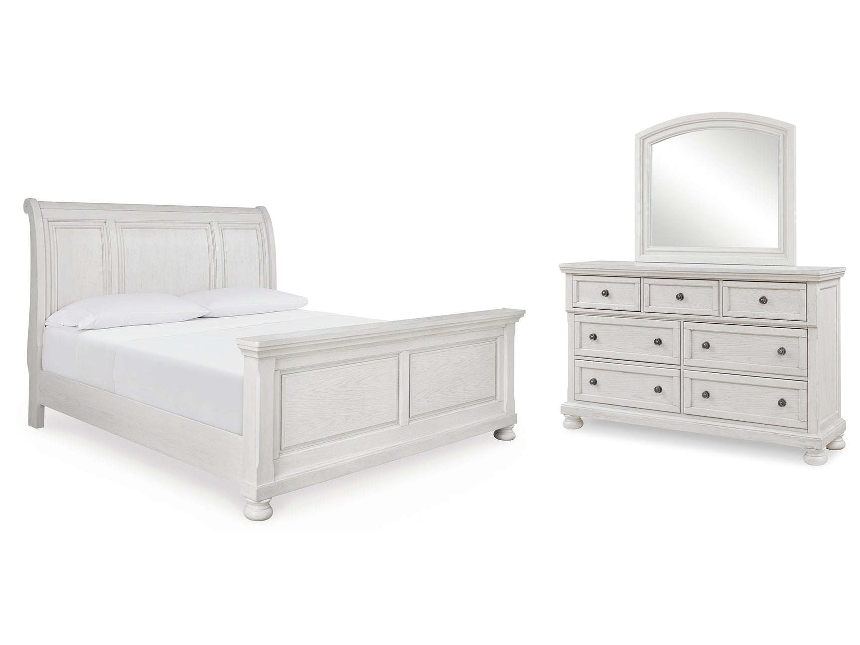 Robbinsdale Antique White King Sleigh Bedroom Set with Dresser and Mirror (Online Special Price) - Ornate Home
