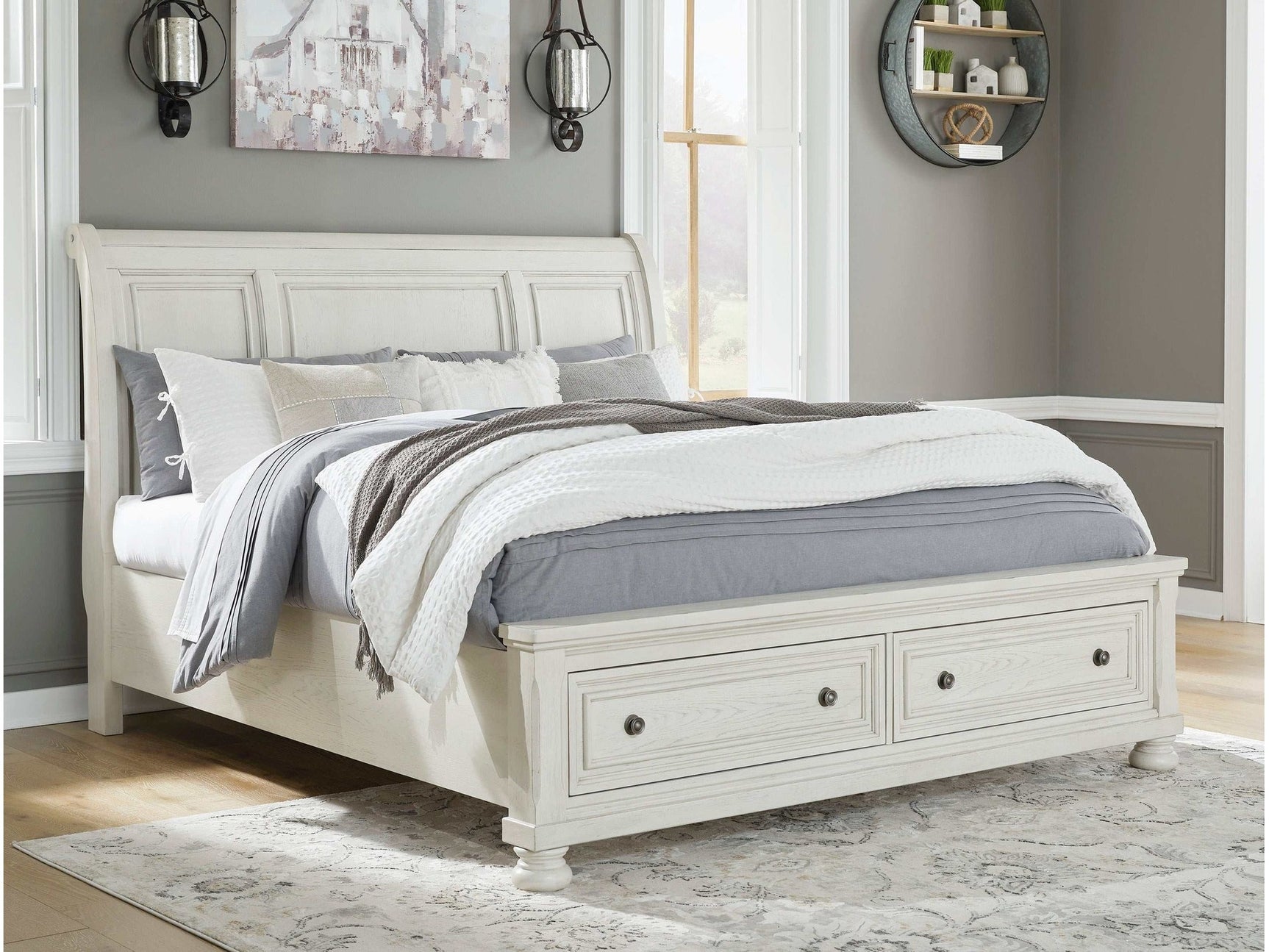 Robbinsdale Antique White King Sleigh Storage Bed - Ornate Home