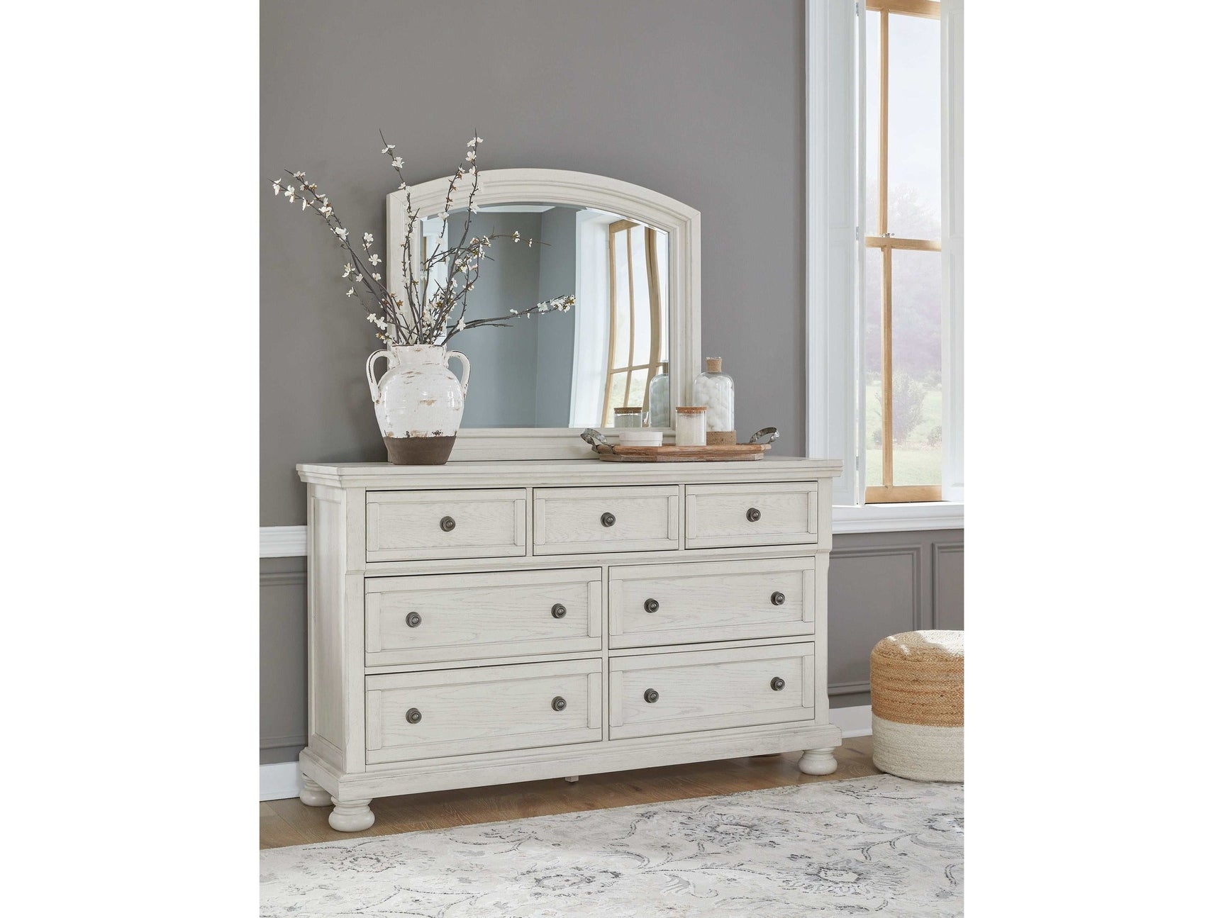 Robbinsdale Antique White Mirrored Dresser w/ 7 Drawers - Ornate Home