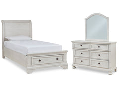 Robbinsdale Antique White Twin Sleigh Storage Bed, Dresser and Mirror - Ornate Home