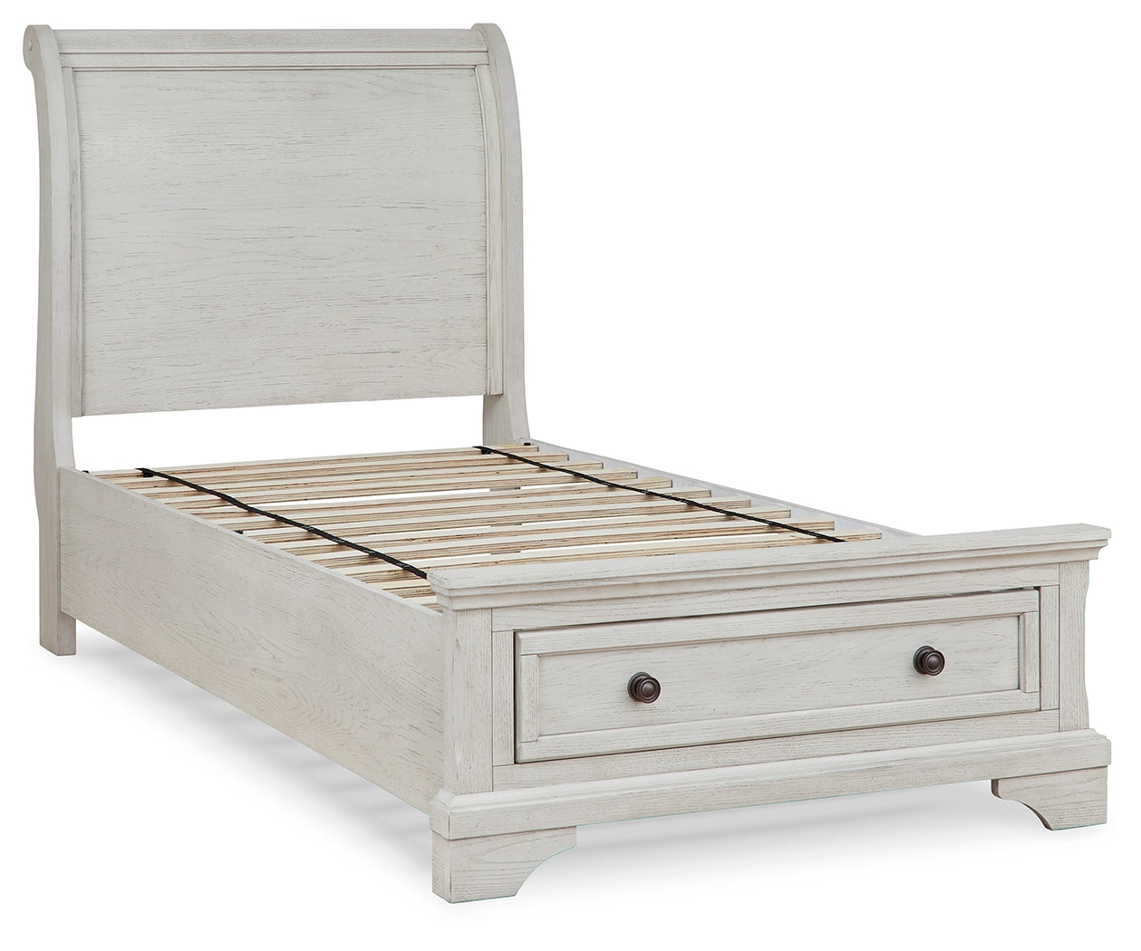 Robbinsdale Antique White Twin Sleigh Storage Bed, Dresser and Mirror - Ornate Home