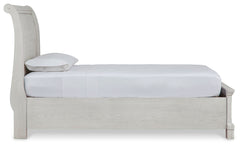 Robbinsdale Antique White Twin Sleigh Storage Bed, Dresser and Mirror - Ornate Home