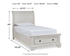 Robbinsdale Antique White Twin Sleigh Storage Bed, Dresser and Mirror - Ornate Home