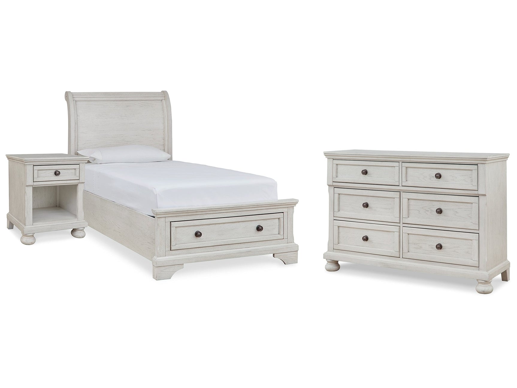Robbinsdale Antique White Twin Sleigh Storage Bed, Dresser and Nightstand (Online Special Price) - Ornate Home