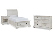 Robbinsdale Antique White Twin Sleigh Storage Bed, Dresser and Nightstand - Ornate Home