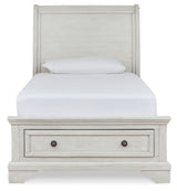 Robbinsdale Antique White Twin Sleigh Storage Bed, Dresser and Nightstand - Ornate Home