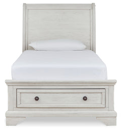 Robbinsdale Antique White Twin Sleigh Storage Bed, Dresser and Nightstand - Ornate Home