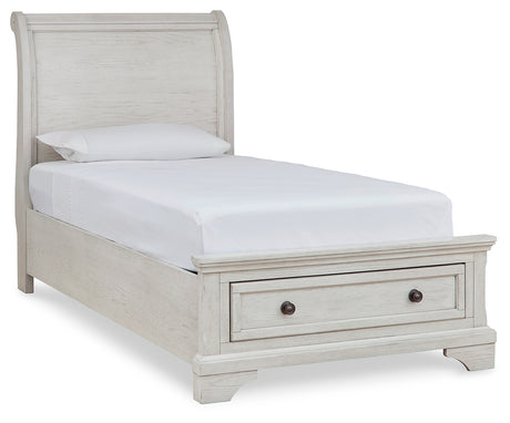 Robbinsdale Antique White Twin Sleigh Storage Bed, Dresser and Nightstand - Ornate Home