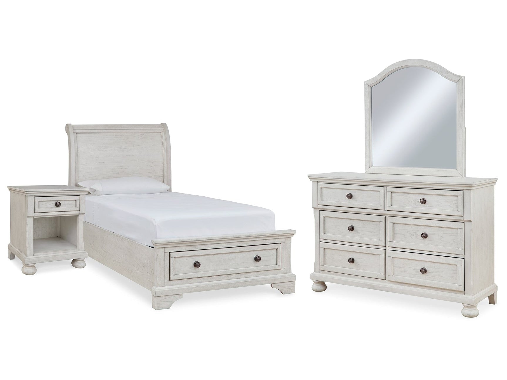 Robbinsdale Antique White Twin Storage Bedroom Set with Dresser, Mirror and Nightstand - Ornate Home