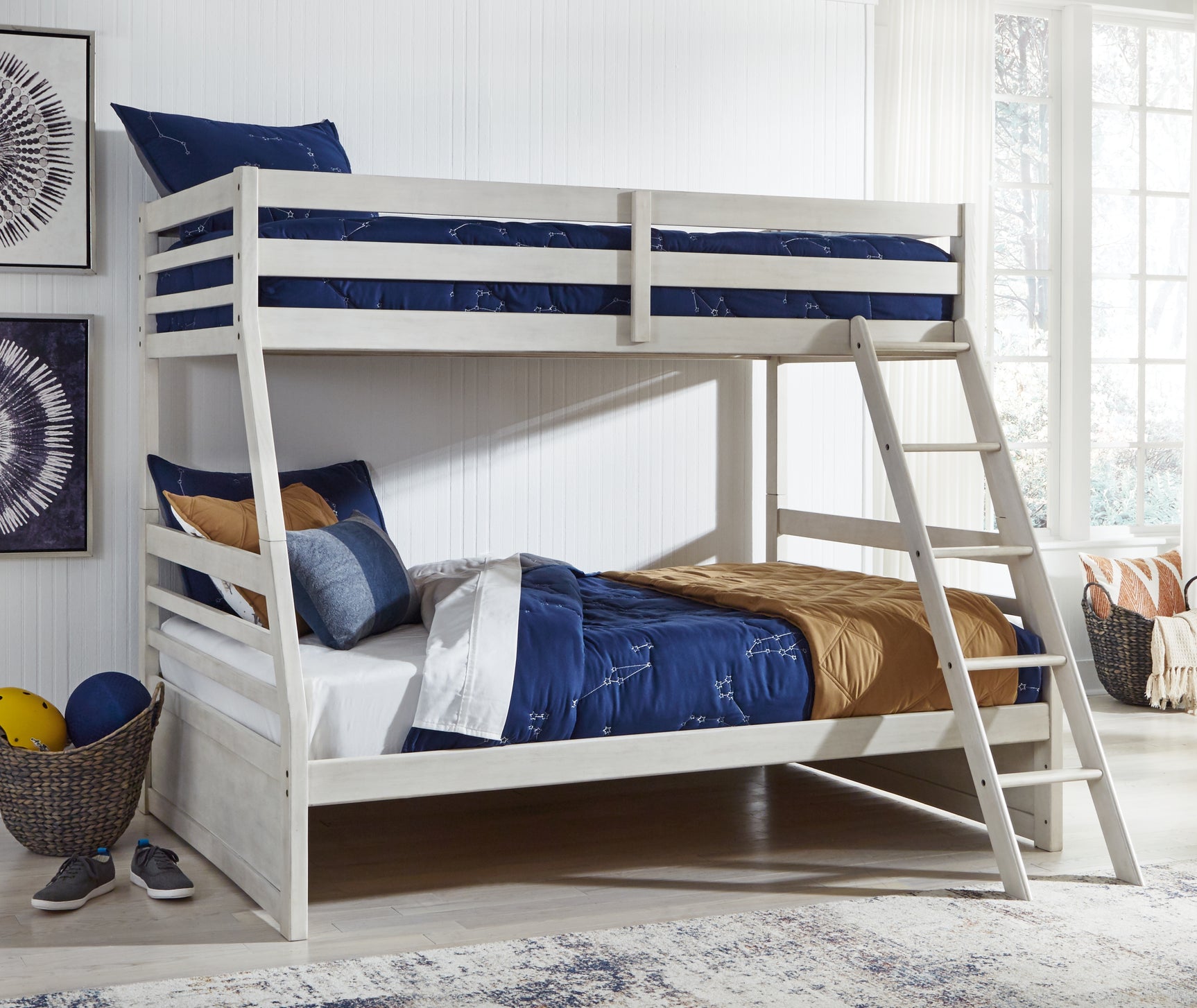 Robbinsdale Antique White/White Twin over Full Bunk Bed and Mattresses (Online Special Price) - Ornate Home