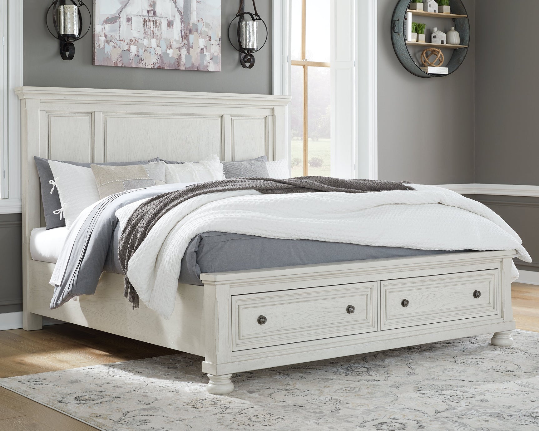 Robbinsdale White King Panel Storage Bedroom Set with Dresser and Mirror (Online Special Price) - Ornate Home