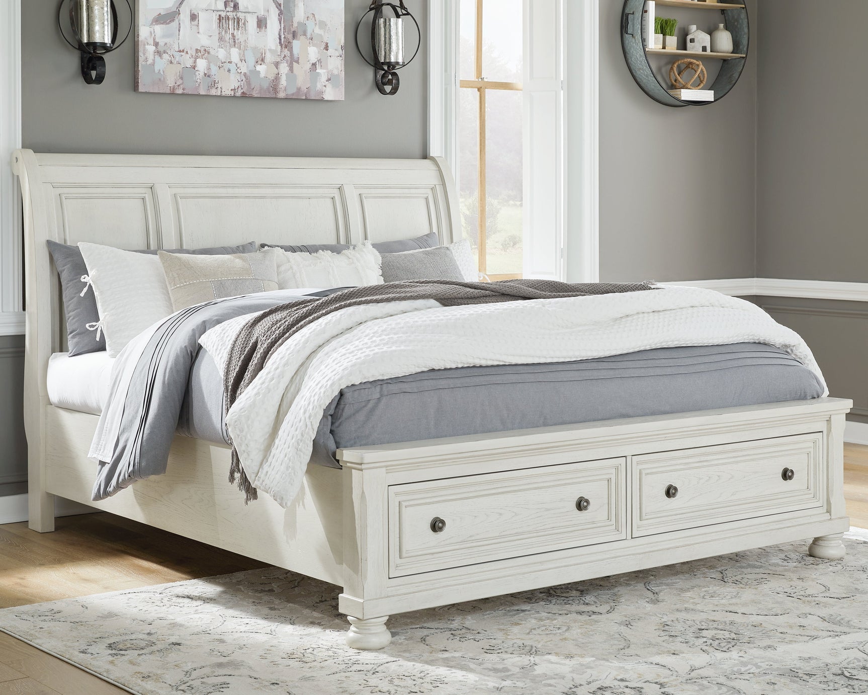Robbinsdale White King Sleigh Storage Bedroom Set with Dresser and Mirror (Online Special Price) - Ornate Home
