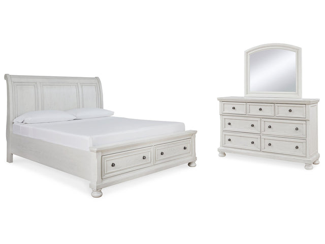 Robbinsdale White King Sleigh Storage Bedroom Set with Dresser and Mirror - Ornate Home
