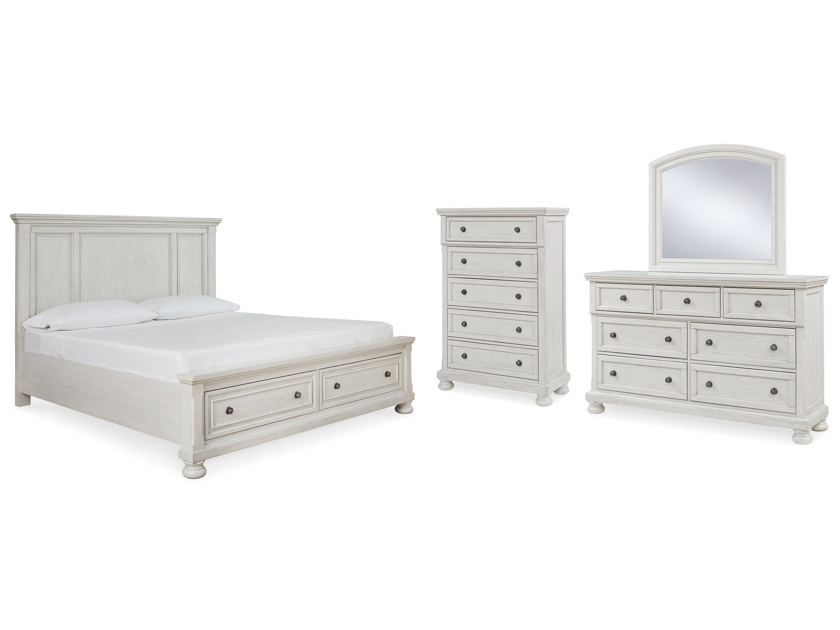 Robbinsdale White Queen Panel Storage Bedroom Set with Dresser, Mirror and Chest - Ornate Home