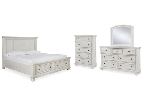 Robbinsdale White Queen Panel Storage Bedroom Set with Dresser, Mirror and Chest - Ornate Home