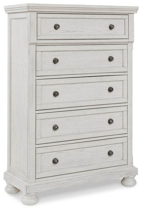 Robbinsdale White Queen Panel Storage Bedroom Set with Dresser, Mirror and Chest - Ornate Home