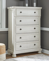 Robbinsdale White Queen Panel Storage Bedroom Set with Dresser, Mirror and Chest - Ornate Home