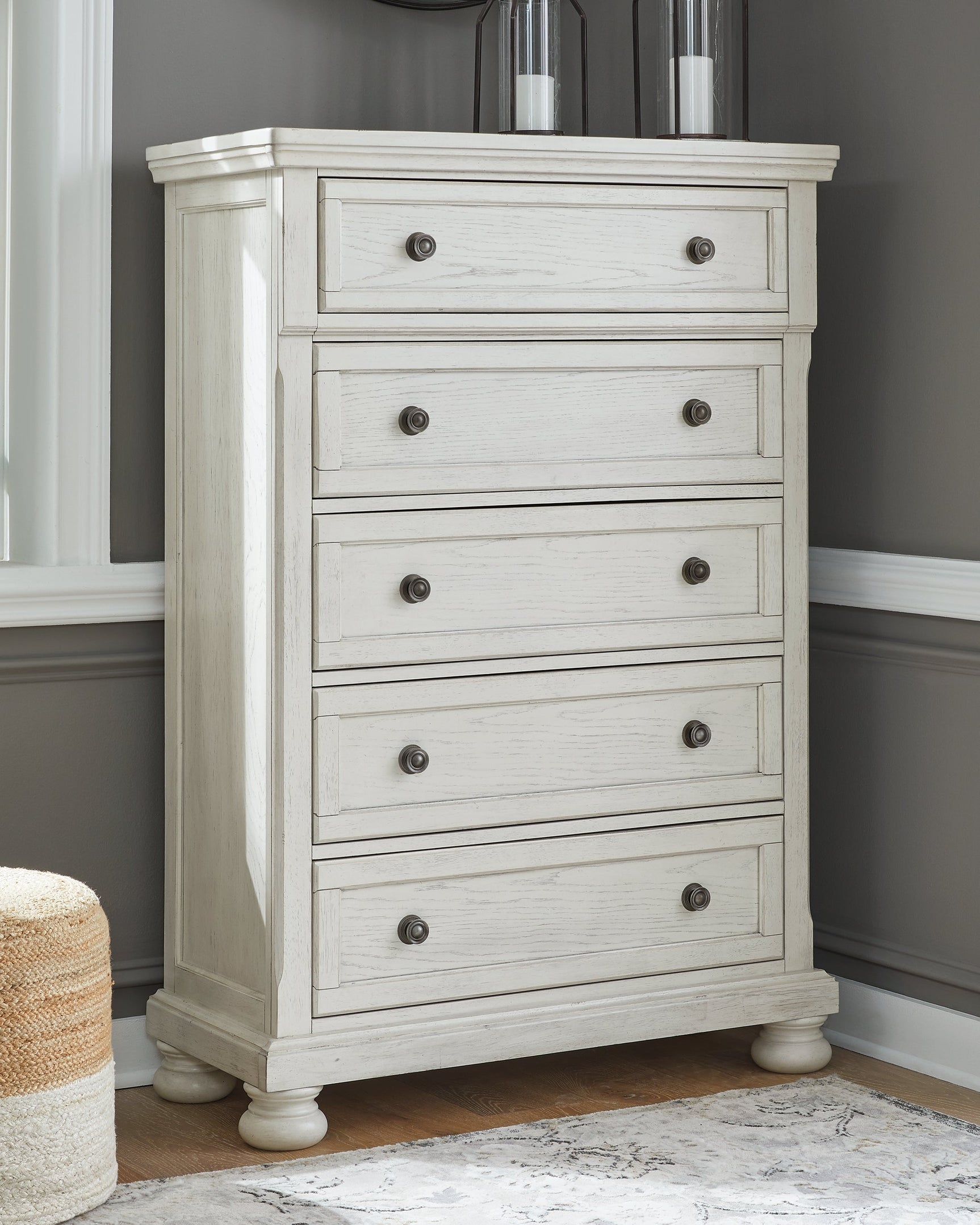 Robbinsdale White Queen Panel Storage Bedroom Set with Dresser, Mirror and Chest - Ornate Home