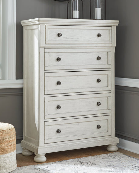 Robbinsdale White Queen Panel Storage Bedroom Set with Dresser, Mirror and Chest - Ornate Home