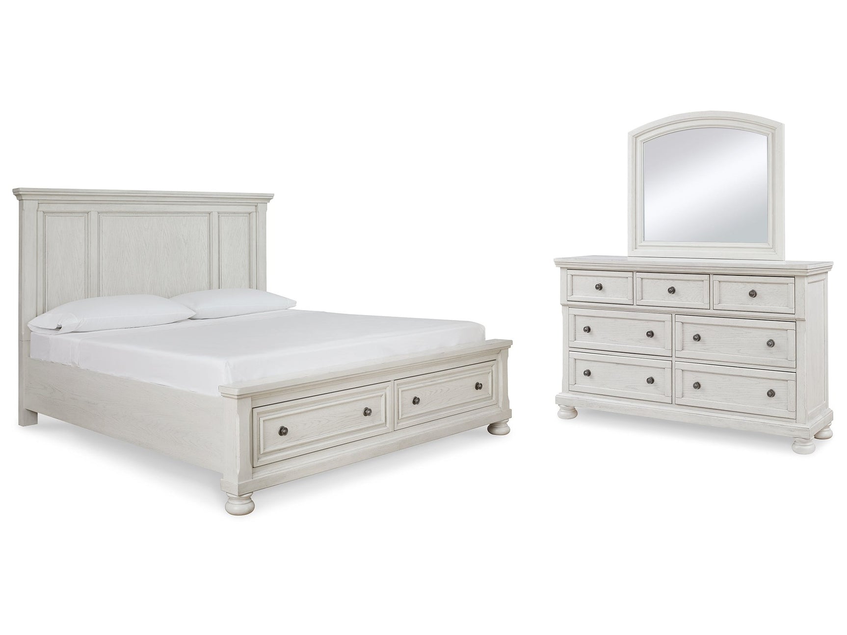 Robbinsdale White Queen Panel Storage Bedroom Set with Dresser and Mirror - Ornate Home