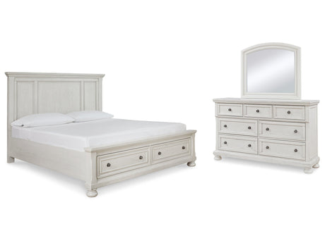 Robbinsdale White Queen Panel Storage Bedroom Set with Dresser and Mirror - Ornate Home
