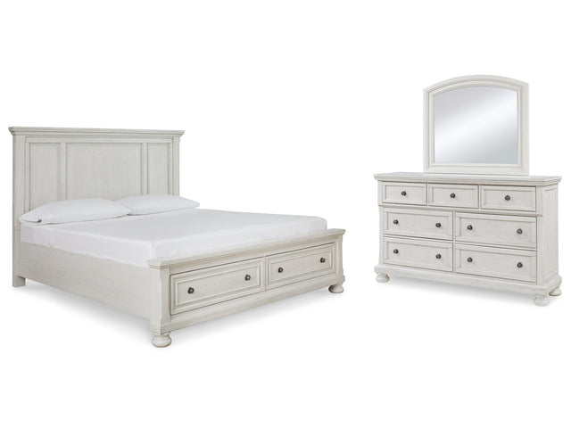 Robbinsdale White Queen Panel Storage Bedroom Set with Dresser and Mirror - Ornate Home