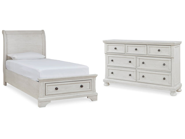 Robbinsdale White Twin Sleigh Storage Bedroom Set with Dresser - Ornate Home