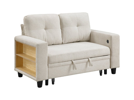 Robinson Beige Pull-Out Loveseat with Storage Shelves and USB Charging Ports - Ornate Home